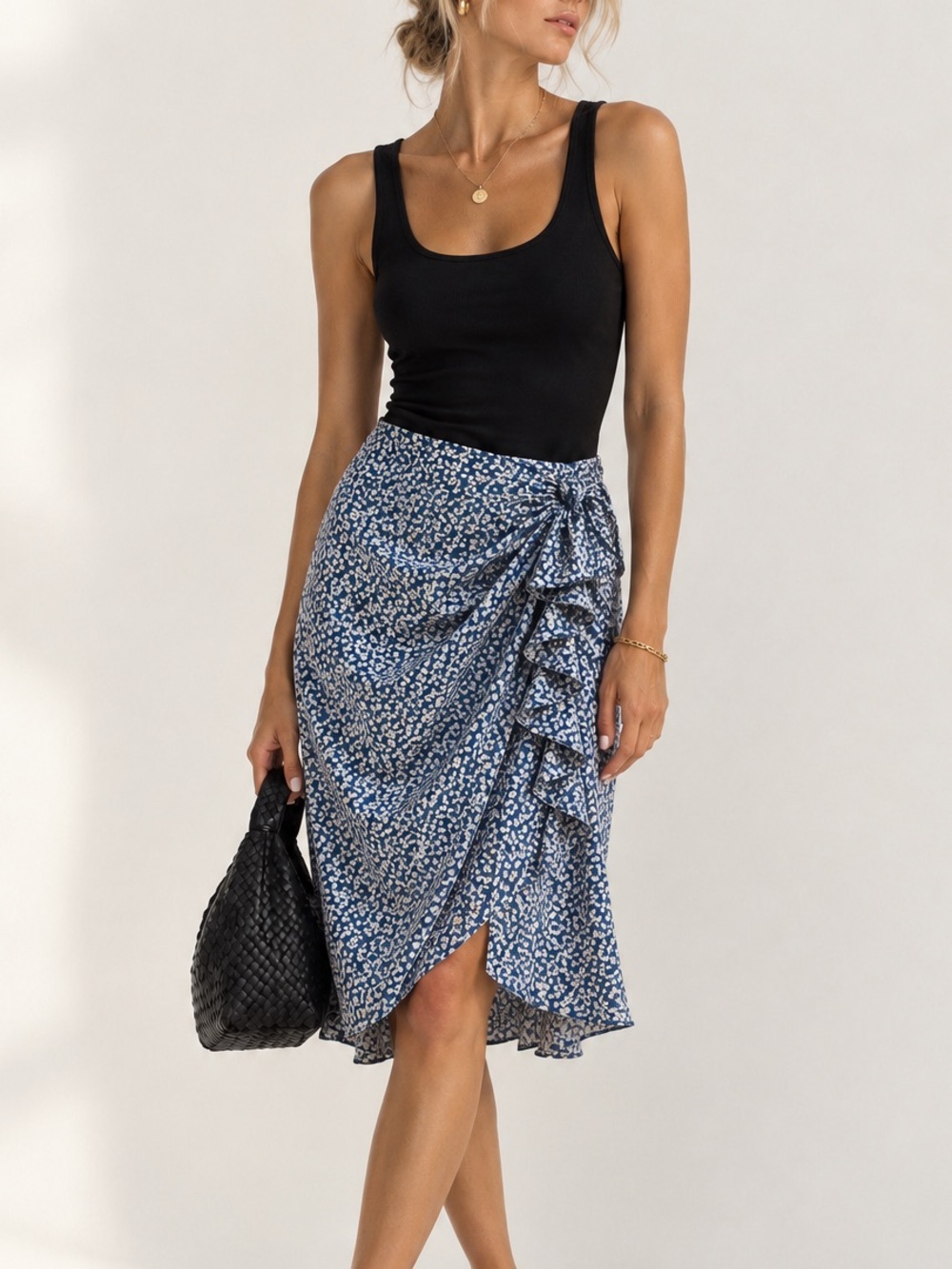 Veronica Beard Hazel Side 100% Silk Navy & White Floral Ruffle Midi Skirt